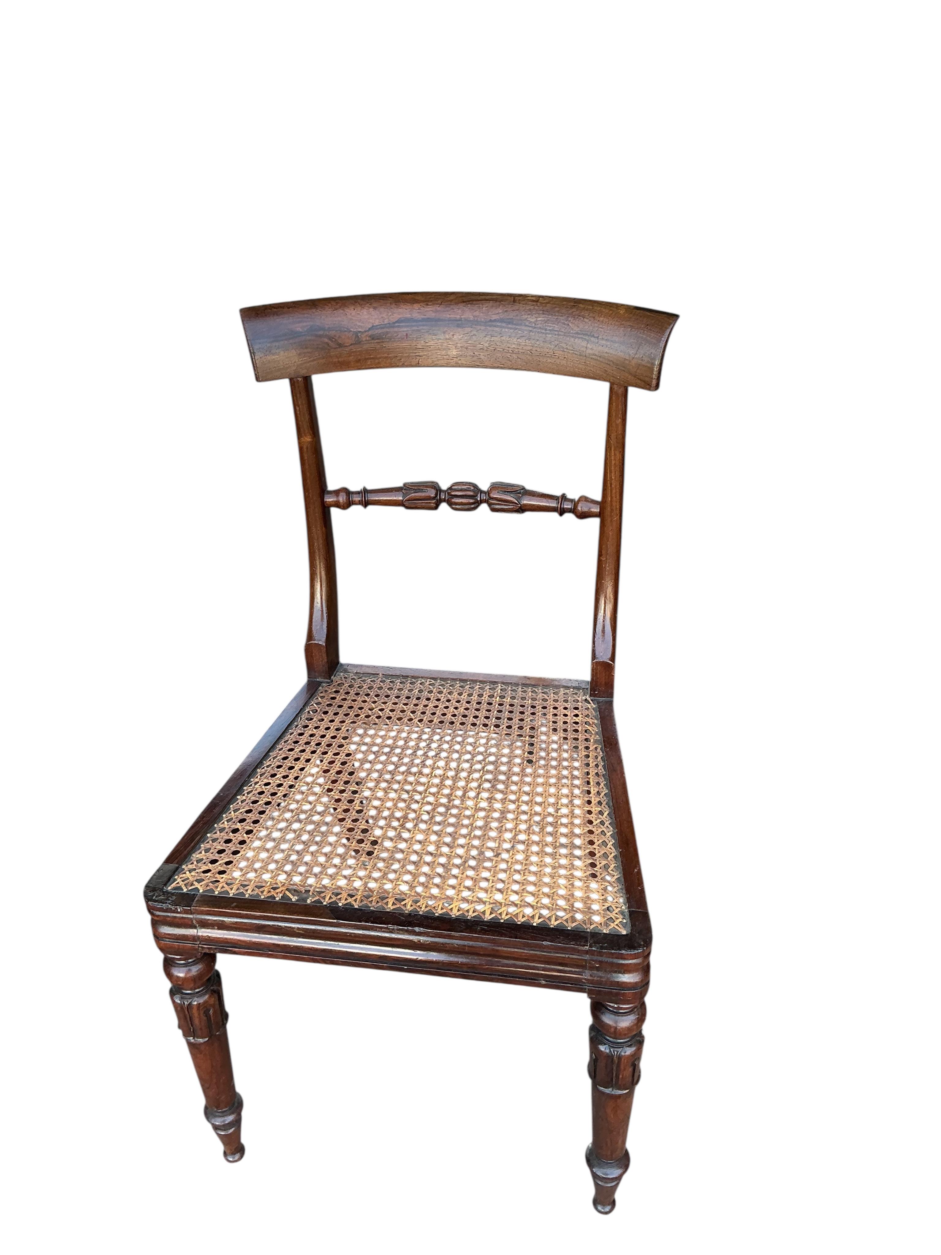 A pair of William IV rosewood bar back dining chairs with caned seats, width 46cm, depth 40cm, height 84cm